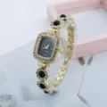 Women fashion square quartz watch with rhinestone bezel and black beaded bracelet strap. - Black Style (250413) / Black