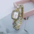 Square quartz women watch with rhinestones and chalcedony style link strap, elegant fashion detail. - White Style (250413) / White