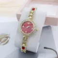 Κομψό γυναικείο ρολόι quartz με κόκκινο καντράν και λαμπερά στρασ χρυσό βραχιόλι - Κόκκινο