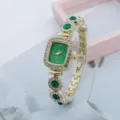Women quartz watch square green dial gold rhinestone crystal bracelet fashion wrist watch - Green Style (250413) / Green