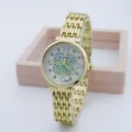 Gold women quartz watch green clover rhinestones elegant ladies fashion bracelet timepiece detail view - Clover (3305-9) / Green