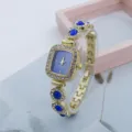 Women square quartz watch with blue stone rhinestones gold bracelet fashion jewelry watch - Blue