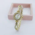Women quartz watch elegant floral rhinestone gold bracelet wristwatch daily fashion gift accessories - Gold White