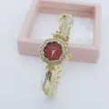 Fashion quartz women watch with rhinestone flower dial and elegant gold bracelet strap. - Gold Red