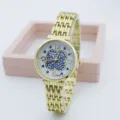Women gold quartz watch with blue glitter four leaf clover dial and metal chain bracelet - Clover (3305-9) / Blue