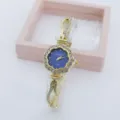 Elegant rhinestone floral quartz watch for women with stylish gold bracelet strap design. - Gold Blue
