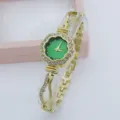 Fashion Diamond Flower Quartz Women Watch Elegant Gold Bracelet Wristwatch for Daily Wear - Gold Green