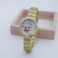 Elegant gold quartz watch detail with white dial, butterfly motif and metal bracelet strap. - Butterfly (3305-18) / Red
