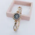 Elegant floral rhinestone quartz watch for women with delicate chain strap and detailed dial. - Rose Gold Black