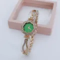 Elegant rhinestone flower dial quartz women watch with green face and chic bracelet strap. - Rose Gold Green