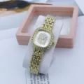 Luxury rhinestone square quartz watch for women with gold metal link bracelet and shiny dial. - Gold White