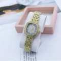 Women square quartz watch with crystal rhinestones, elegant gold metal strap and chic dial design. - Gold Black