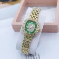 Elegant luxury women's quartz watch with square rhinestone bezel and green paved dial. - Gold Green