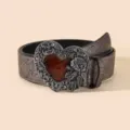 Cinturón de corazón en relieve retro con hebilla de aleación decorada y correa de piel PU. - 105cm / Marrón