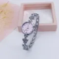 Clover bracelet watch for women, stylish pink dial quartz watch with rhinestone leaf. - Silver Purple
