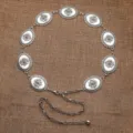 Close-up detail of vintage silver metal waist chain, ethnic carved concho design accessory. - Antique Silver Blue Turquoise Style (1)
