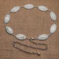 Vintage silver metal waist chain with carved oval medallions and adjustable extension link. - Antique Silver Full Metal Engraved Style (2)