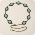 Chaîne de taille en métal turquoise vintage ceinture bijoux bohème sculptés fleurs mode - Style Bronze Antique Turquoise Bleue (23) / 110cm