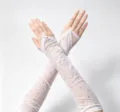 Glitzernde Strass Netz Armstulpen weiße fingerlose Sonnenschutz Handschuhe für Party Abend. - Finger-Loop-Stil / Weiß