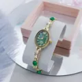 Reloj de cuarzo para mujer esfera ovalada verde elegante pulsera de strass de moda - Verde