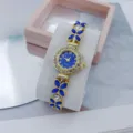 Luxe dames strass kwarts horloge met blauw kristal bloem armband schakel ontwerp. - Goud Blauw
