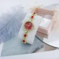 Women quartz watch vintage red dial crystal bracelet fashion luxury gold wrist watch detail - Red