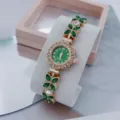 Elegant green flower rhinestone quartz watch detail, stylish gold bracelet watch for women. - Rose Gold Green