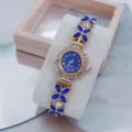 Women fashion quartz watch with sparkling rhinestones blue flower bracelet design elegant luxury - Rose Gold Blue