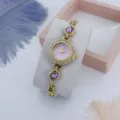 Elegante dames quartz horloge met roze wijzerplaat, strass bezel en kristallen armband. - Goud Paars