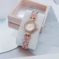 Women fashion rhinestone quartz bracelet watch with pink flower butterfly design. - Rose Gold Pink