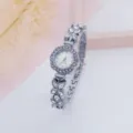 Women rhinestone quartz watch elegant flower bracelet fashion sparkling wrist watch jewelry - Silver White