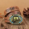 Cinturón de cuero de vaquero occidental vintage con hebilla de metal turquesa, accesorio rústico - Estilo Turquesa Sombrero de Vaquero / Chocolate