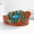 Cinturón vintage de cuero PU con hebilla de metal turquesa detallada y ornamentada. - 100cm / Tostado
