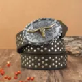 Cinturón de cuero PU estilo western retro con hebilla metálica de cabeza de toro y remaches. - Estilo Remache Cabeza de Toro / Café