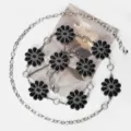 Cinturón de cadena de metal plateado con piedras negras flor de girasol joyería de cintura - 115cm / Negro