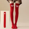 Rote Overknee Socken mit rosafarbenem Herzmuster, süße Lolita JK Stil lange Socken für Damen. - Rote Basis Großes Rosa Herz