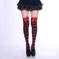 Halloween Overknee Strümpfe in Schwarz mit rotem Knochenmuster und Schleife für JK Stil. - Rote Schleife Skelett