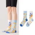 Baumwoll Socken mit asymmetrischem Zitronenmuster, bunte modische Socken für Damen und Herren - Zitronenblätter-Stil (1003)