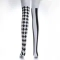 Detailed view of black and white asymmetric striped and diamond pattern cosplay costume socks. - Asymmetrical Checkered