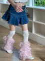 Y2K Harajuku Süße Rüschen Beinstulpen Spitze Patchwork Slouch Socken Dopamin Mode - Weiß und Rosa Netz Patchwork