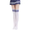 Weiße Overknees-Socken mit blauen Streifen, japanische JK-Schulstil Lolita Cosplay Strümpfe. - Weißer Hintergrund Blaue Streifen