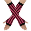 Schwarze rosa gestreifte Strick fingerlose Armwärmer, 32cm lange Goth Winterhandschuhe. - Schwarz-Rosenrote Gestreifte Armstulpen