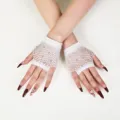 Weiße kurze fingerlose Strass-Fischnetz-Handschuhe für Damen, sexy Mesh-Party-Variante. - Halbfinger Kurzer Stil (Strass) / Weiß