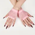 Rosa Netz-Fingerlose Handschuhe mit Strass, sexy Mesh-Party-Handschuhe für Damen. - Halbfinger Kurzer Stil (Strass) / Rosa
