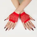Kurze rote Netz-Fingerlos-Handschuhe mit Strass für Damen, sexy Sommer Mesh Handschuhe. - Halbfinger Kurzer Stil (Strass) / Rot