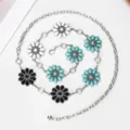 Cadena de cintura de metal con flores turquesas y negras, estilo bohemio variante. - 115cm / Estampado Floral Mixto