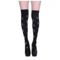Gothic Halloween schwarze Overknee Strümpfe mit weißem Totenkopf Muster für Damen - Kleiner Skelett Stil / Einheitsgröße