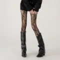 Floral fishnet stockings for women, elegant mesh tights with stylish botanical patterns. - Bottoms / Black