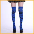 Halloween over-the-knee stockings featuring spooky bat and castle print for costume party. - Dark Blue Halloween