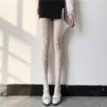 Weisse hohle Schleifen Netzstrumpfhose fur susse JK Stil, elastische Strumpfhose. - Weiß Zerrissene Schleife